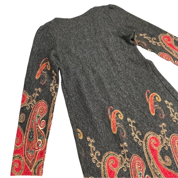 Angie size small red gold dark gray swirls/flames dress long sleeves vneck EUC - Picture 6 of 10
